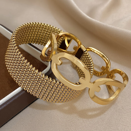 Set di 2 braccialetti eleganti in acciaio inossidabile 304 - Design di anello a vuoto chic, finitura dorata, regalo perfetto per la famiglia, gli amici e le persone care, ideale per abbigliamento casual o occasioni speciali, set di braccialetti|Braccialet