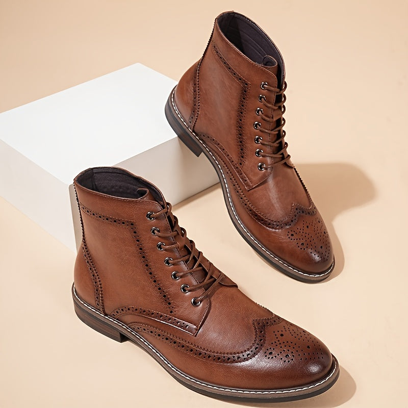 Stivali con lacci da uomo, stivaletti e stivali alti, design a punta d'ala, motivo brogue, scarpe Oxford e Derby, stivali neri e marroni, stile casual vintage britannico, comodi e resistenti, adatti per tutte le stagioni