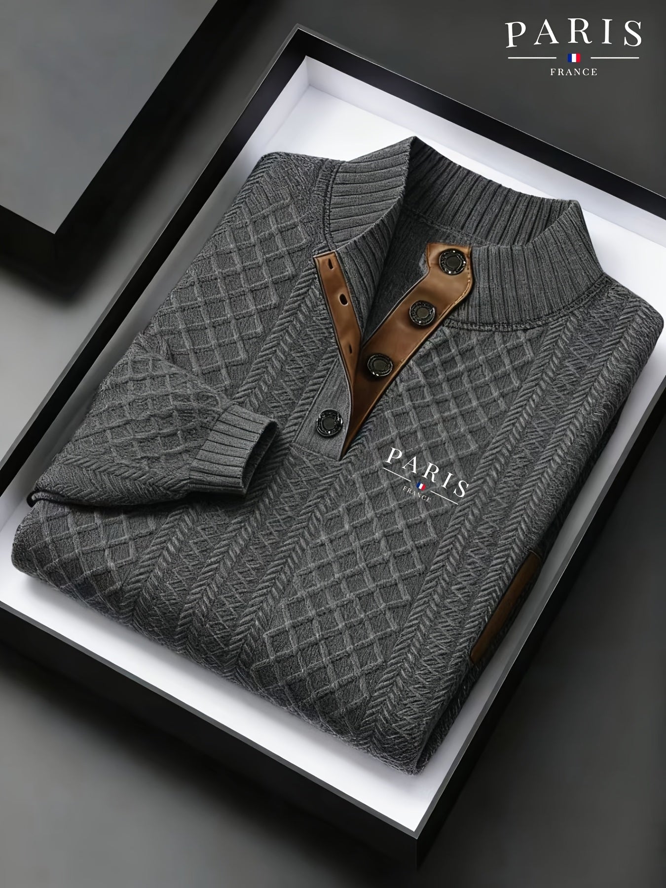 Maglione da uomo pesante in maglia 280g/m² - Blu navy e marrone, colletto con risvolto e bottoni, maglione invernale a maniche lunghe per clima freddo, ufficio, outfit casual - Regalo ideale per uomo, maglione, abbigliamento da ufficio, maglieria texturiz