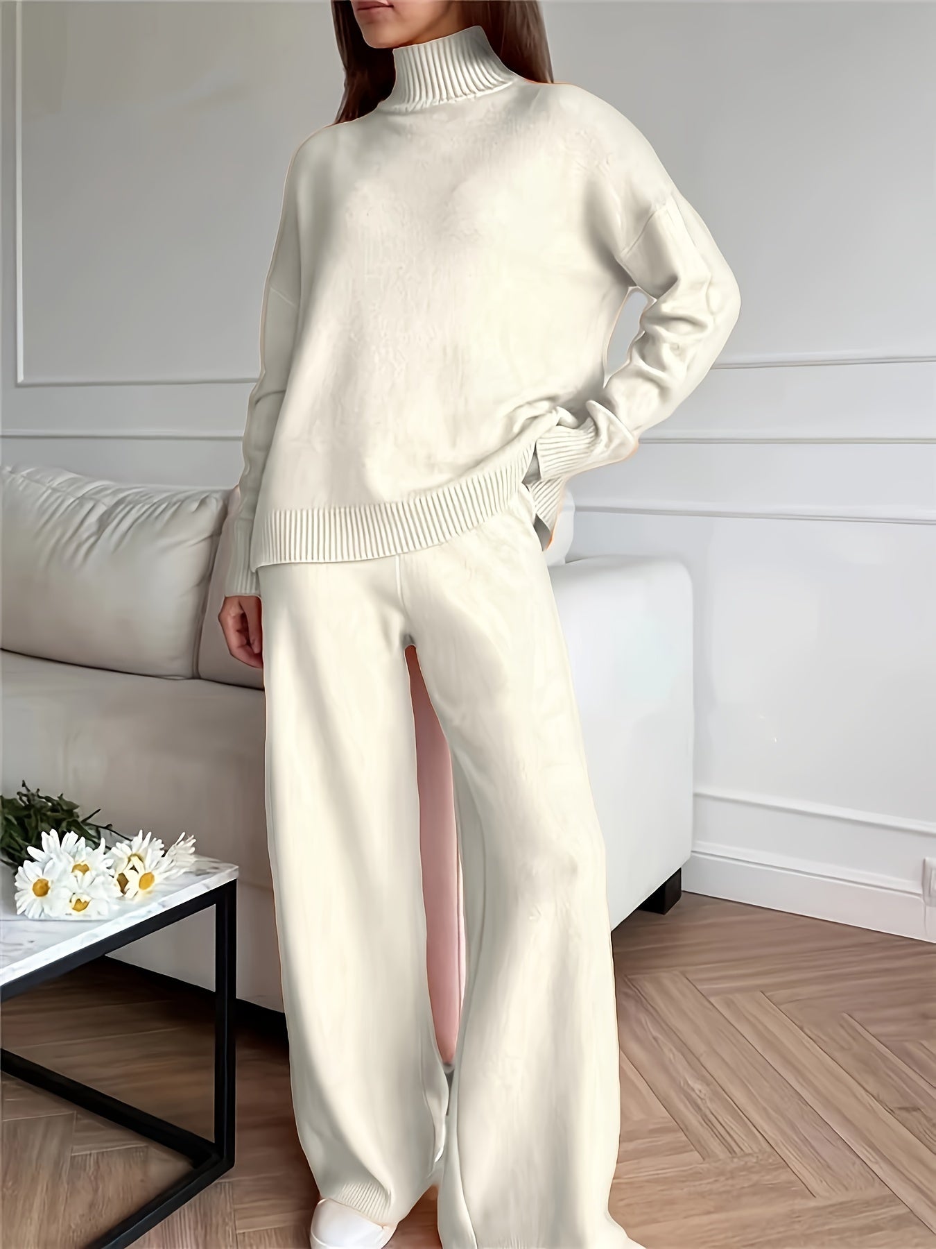 Women'S 2pcs Knit Sweater Set, Casual High Neck Viscose 50% Long Sleeve Pullover with Solid Color Polyester 22% and Nylon 28% Blend, Cozy Autumn Winter Outfit