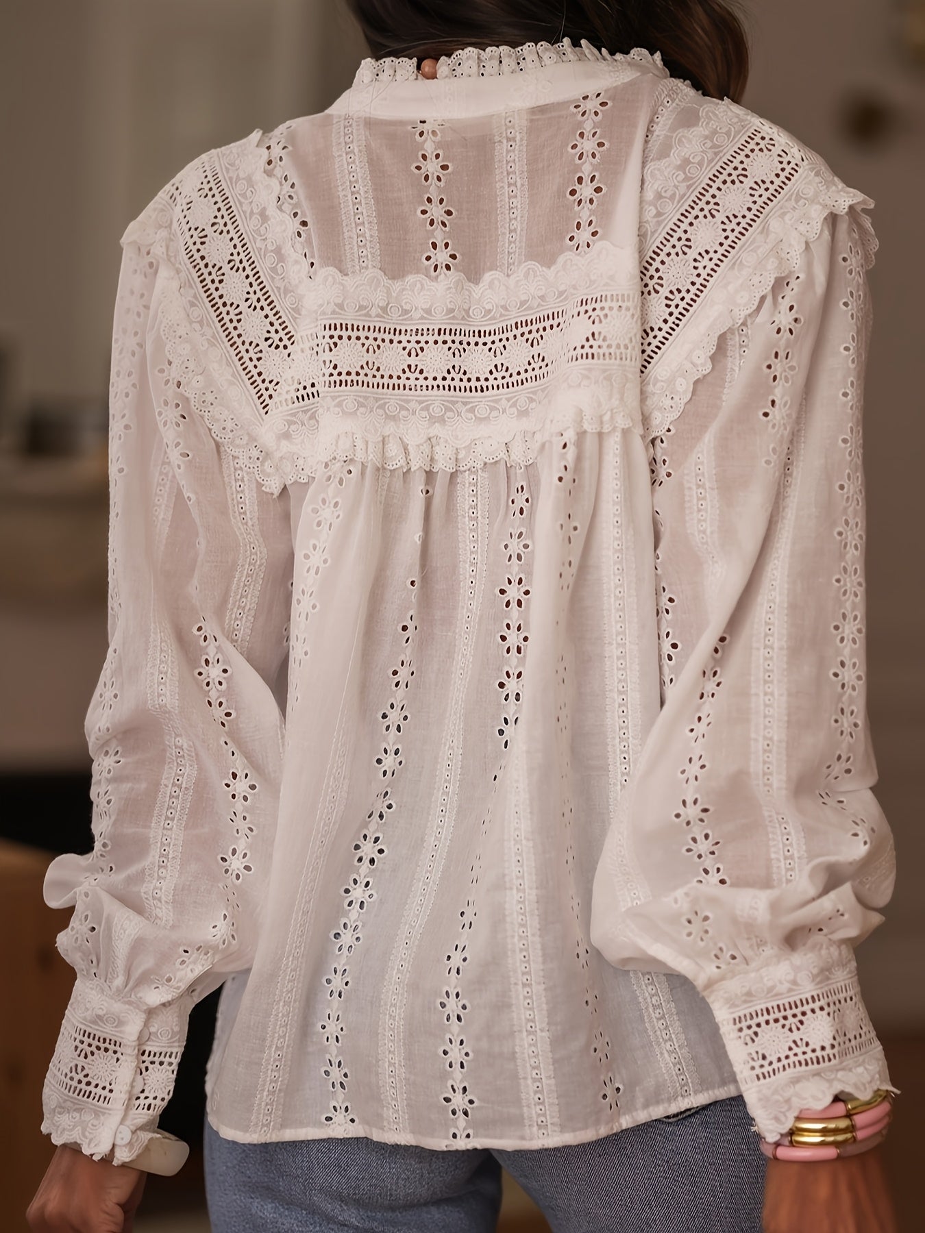 Women'S French-Inspired Elegant Long Sleeve Blouse with Lace Detailing - Round Neck, Button-Up Shirt in White, Perfect for Spring/Summer/Fall, Casual to Formal Wear, Casual Attire | Frenchinspired Blouse | Lace Detailing, Ladies Blouses