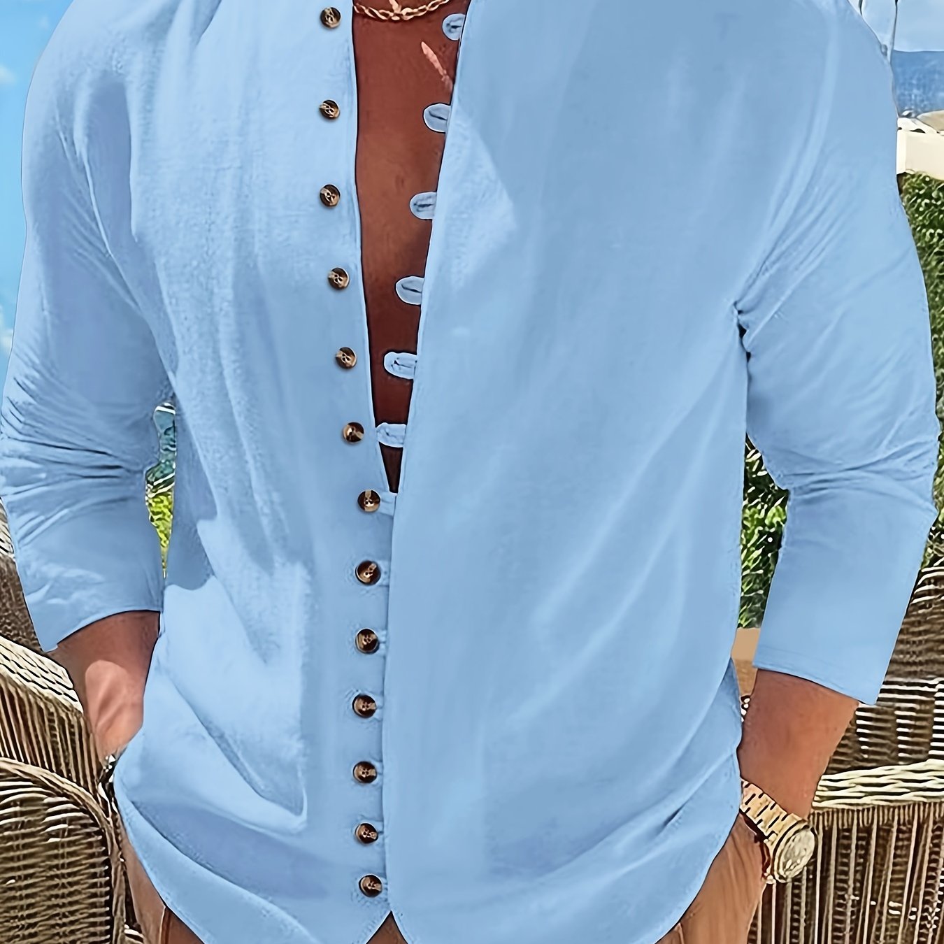 Maglietta Uomo Casual Retro a Maniche Lunghe con Collo Tondo e Bottoni, Regalo per Ramadan