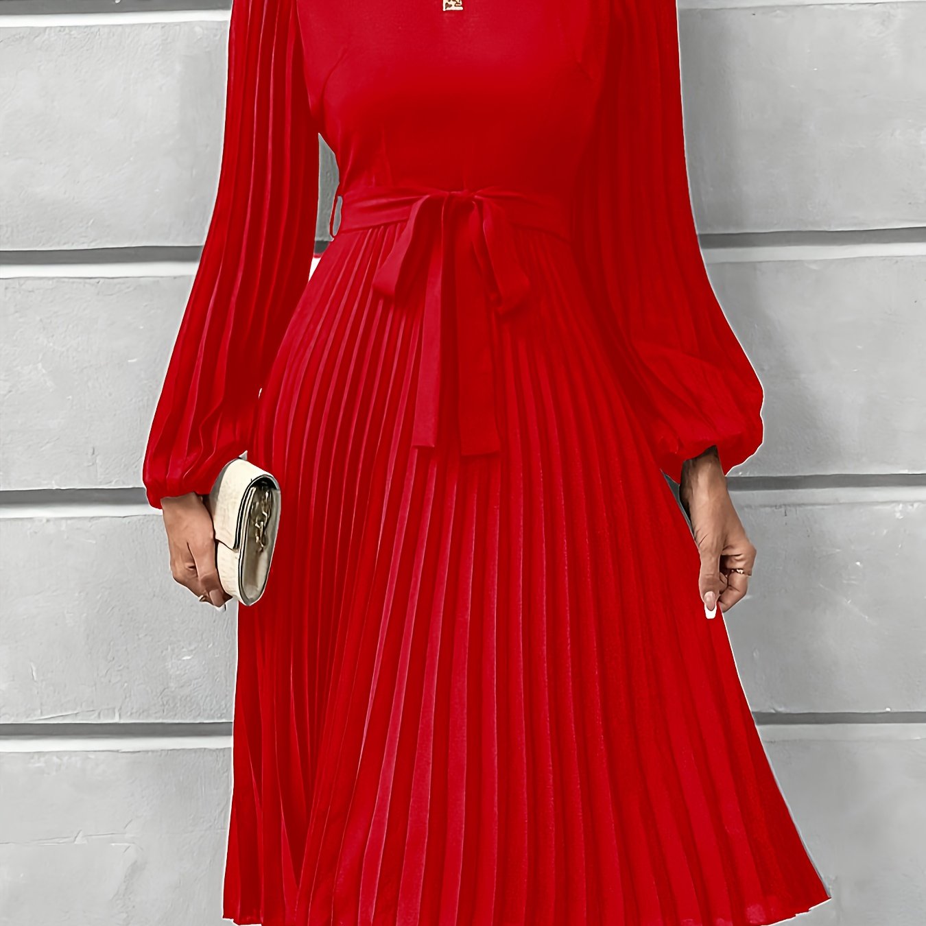 Women'S Elegant Formal & Everyday dress - Long Lantern Sleeves, Adjustable Waist Tie Belt, Flattering A-Line Silhouette, Knee-Length Party Wedding Office Outfit in - Easy-Care Women'S Clothing, Versatile Wardrobe Staple, Sophisticated Pleated Skirt, Durab