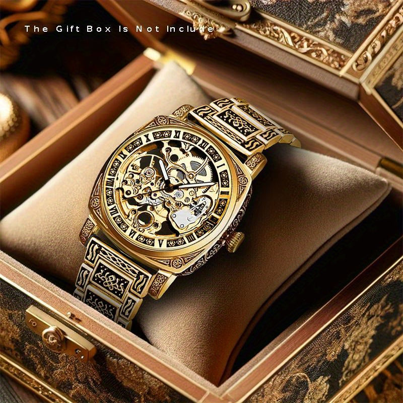 1pc Orologio meccanico creativo a striscia di acciaio giallo per uomo giovane, senza batteria