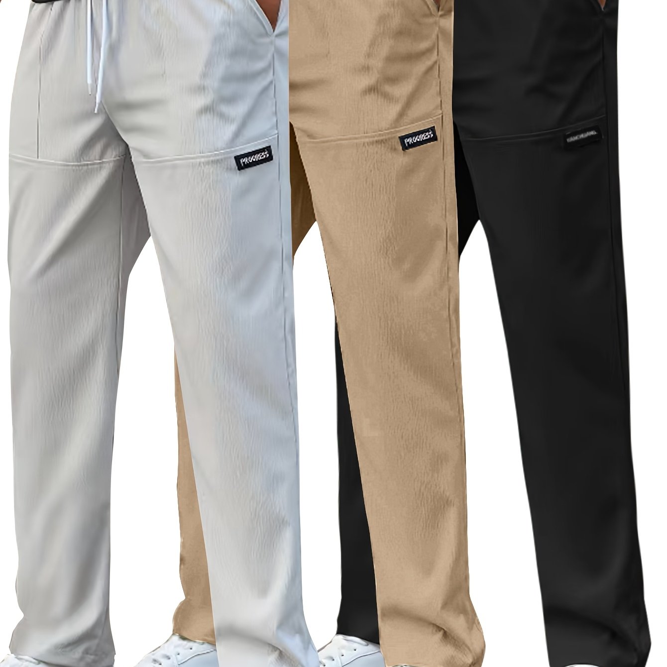 Set di 3 Pantaloni Casual da Uomo Leggeri - Gamba Dritta, Vita con Coulisse, Colore Unito (Nero, Grigio, Bianco), Abbigliamento da Lavoro Primavera/Estate, Lavabili in Lavatrice
