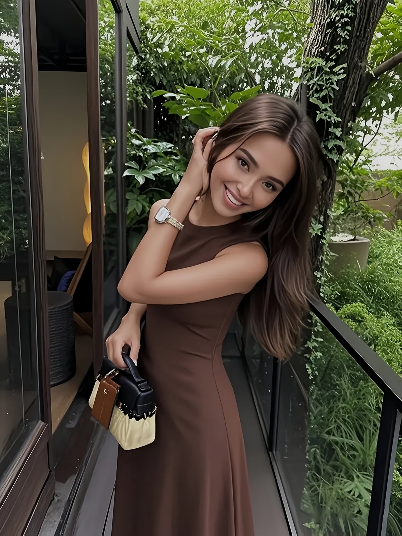 Women's Elegant Sleeveless Maxi dress - Formal to Casual Outfits, Machine Washable Deep Brown Dress for Vacation, Office, Parties - Flattering Fit Everyday & Special Occasions