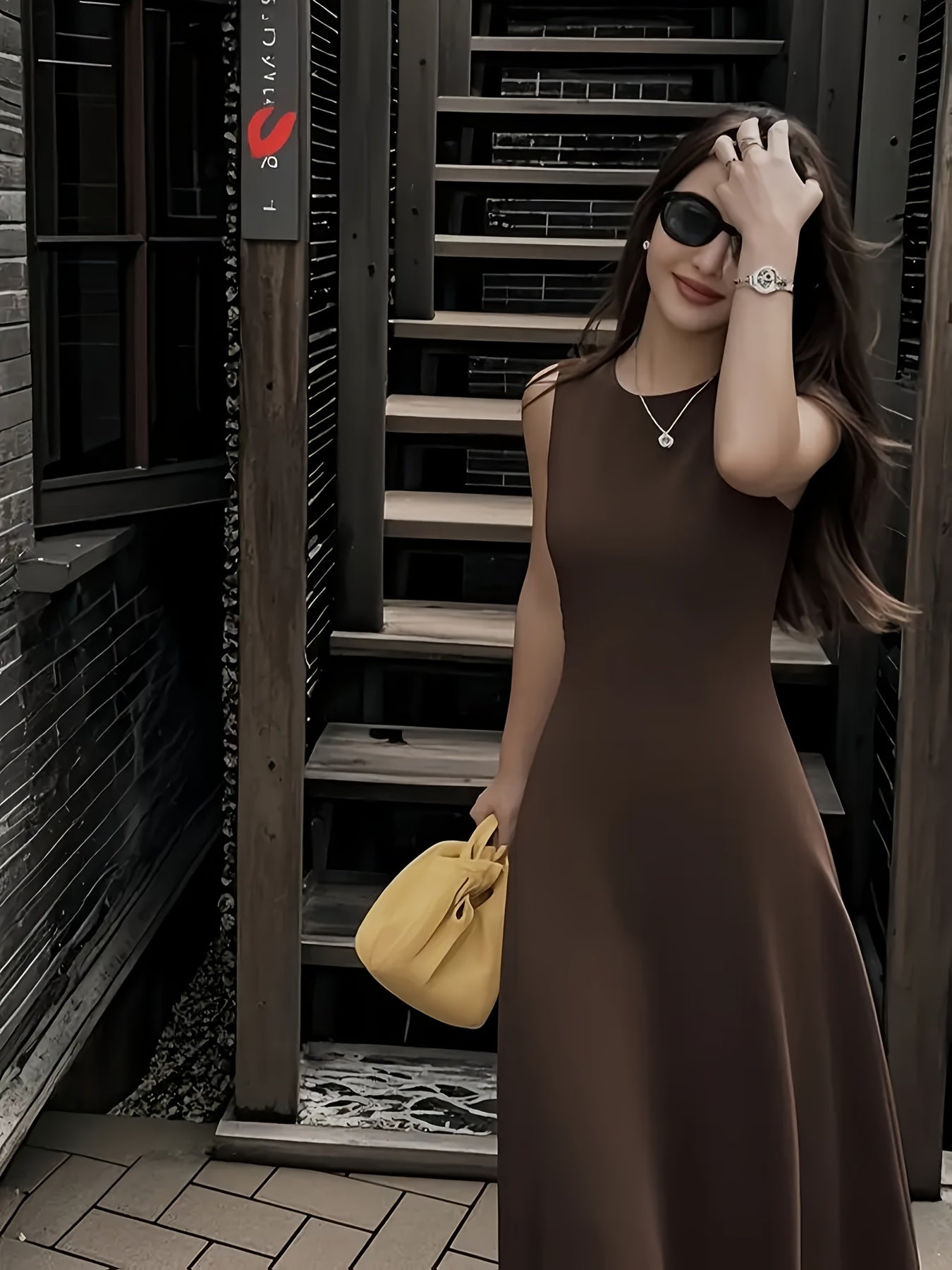Women's Elegant Sleeveless Maxi dress - Formal to Casual Outfits, Machine Washable Deep Brown Dress for Vacation, Office, Parties - Flattering Fit Everyday & Special Occasions