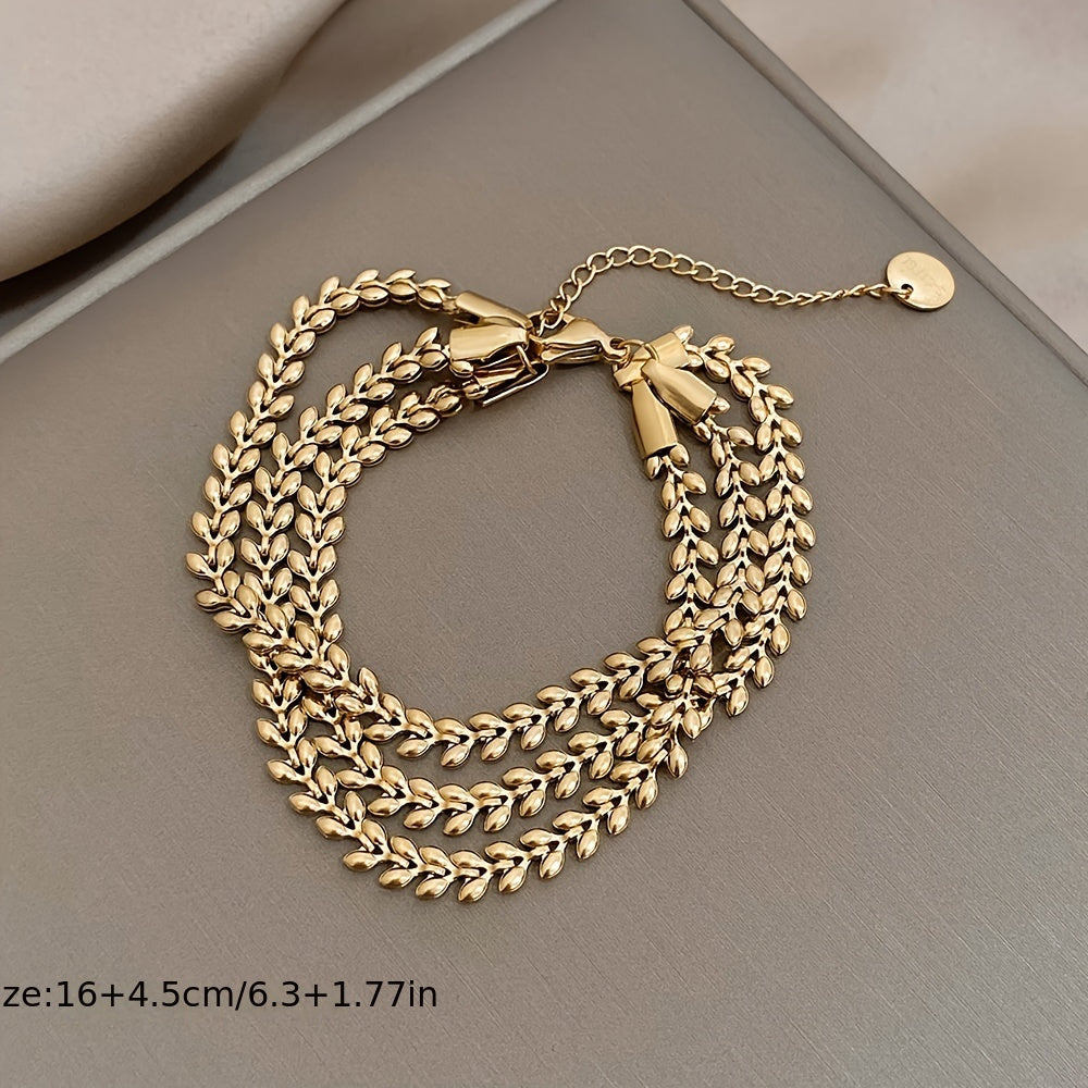 Women's Stainless Steel Wheat Design Golden-Tone Multi-Layer Chain Bracelet - Adjustable Lobster Clasp Statement Jewelry for Parties, Casual Attire & Special Occasions, Fashion Accessory, Elegant Style, Stylish Craftsmanship, Accessory Enthusiasts