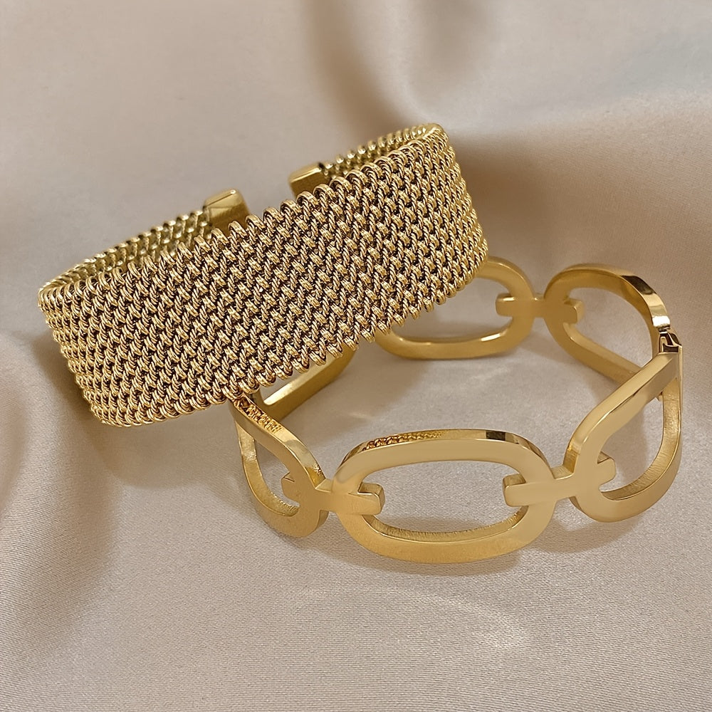 Set di 2 braccialetti eleganti in acciaio inossidabile 304 - Design di anello a vuoto chic, finitura dorata, regalo perfetto per la famiglia, gli amici e le persone care, ideale per abbigliamento casual o occasioni speciali, set di braccialetti|Braccialet