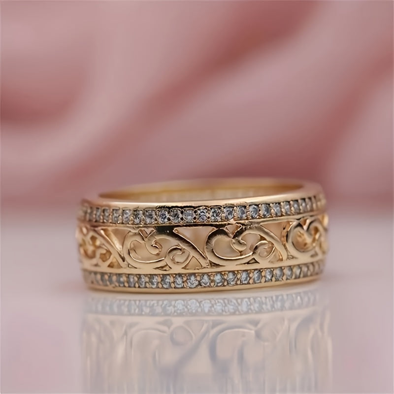 1 pezzo, Anello largo con texture floreale incisa, stile elegante e lussuoso, con pietre di strass luccicanti incastonate, accessorio delicato e alla moda per l'uso quotidiano e le feste, idea regalo per gli amici.