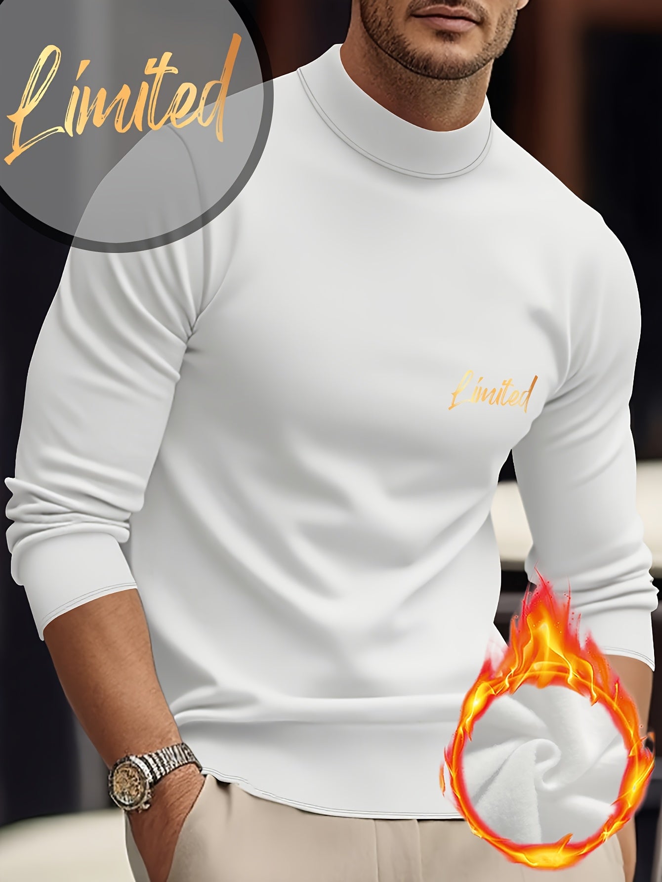 Maglietta termica a maniche lunghe e girocollo per uomo - Stampa geometrica, elastica e calda, design sportivo casual per l'autunno/inverno, bianca con lettere dorate, perfetta per sovrapporre o come outfit standalone, abbigliamento invernale | Maniche lu