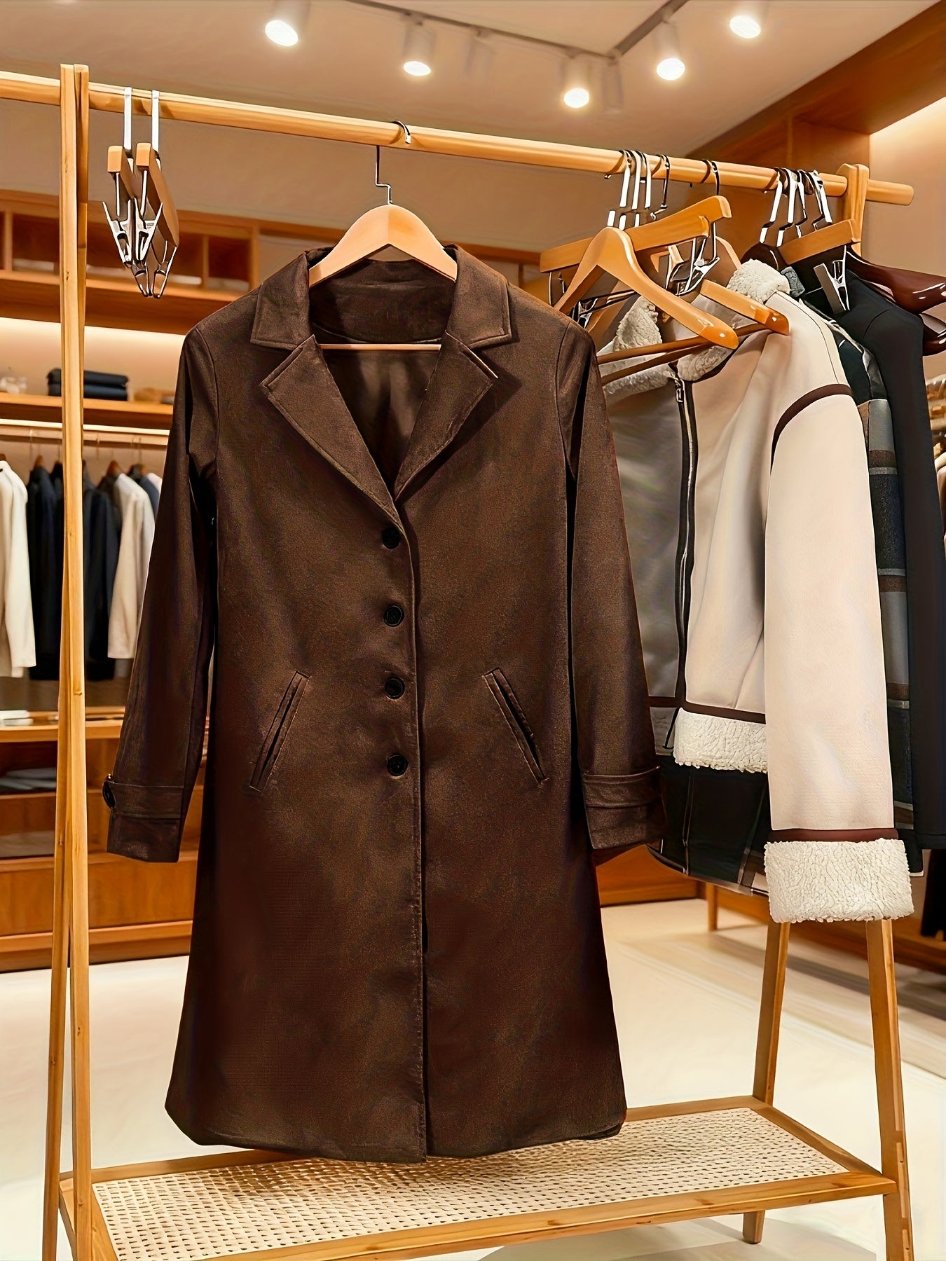 Women's Elegant Vintage Brown -Effect Coat - Classic Lapel Collar & Single-Button Closure, H-Line Silhouette, Machine Washable Winter Jacket for Office, Formal & Casual Attire - Durable All-Season Outerwear with Retro Style & Structured Fit - Timeless Wom