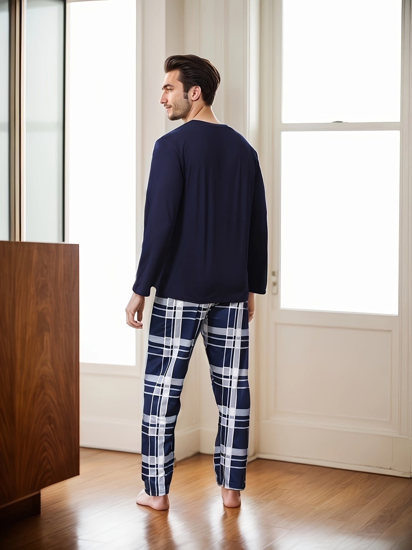 Set Pigiama Casual da Uomo - T-Shirt a Maniche Lunghe con Collo Rotondo & Pantaloni a Quadri, Misto Poliestere Morbido, Perfetto per la Primavera/Autunno