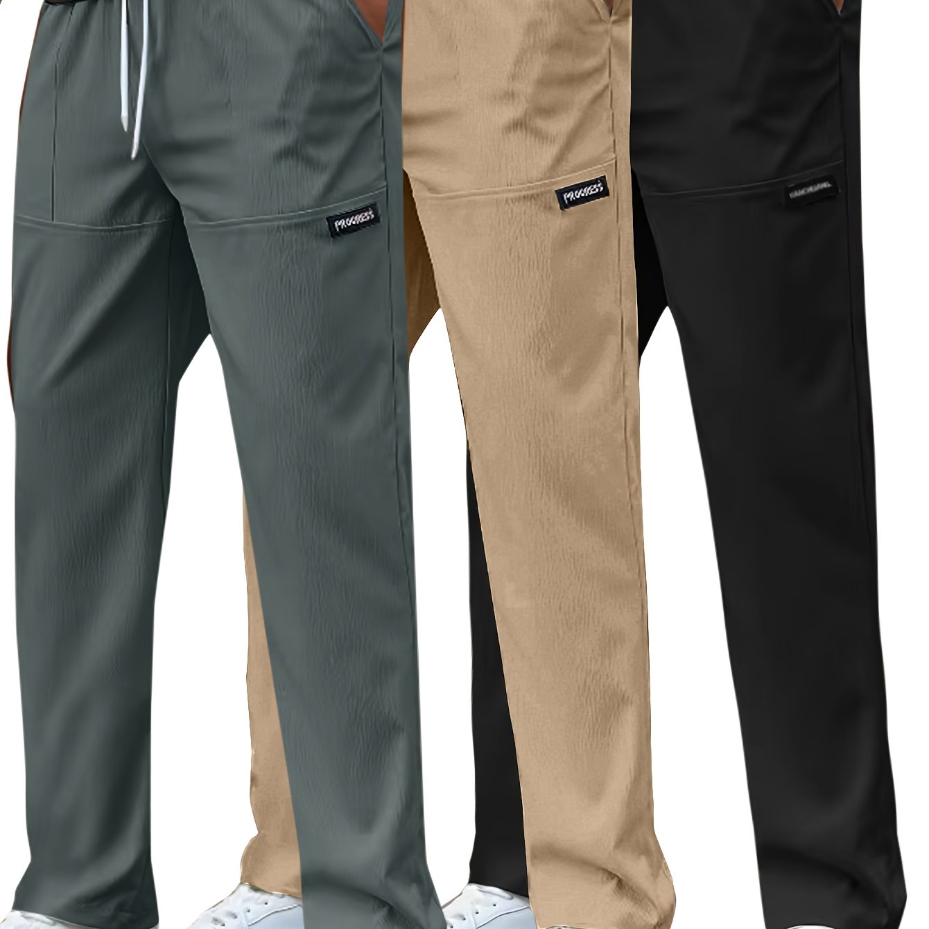 Set di 3 Pantaloni Casual da Uomo Leggeri - Gamba Dritta, Vita con Coulisse, Colore Unito (Nero, Grigio, Bianco), Abbigliamento da Lavoro Primavera/Estate, Lavabili in Lavatrice