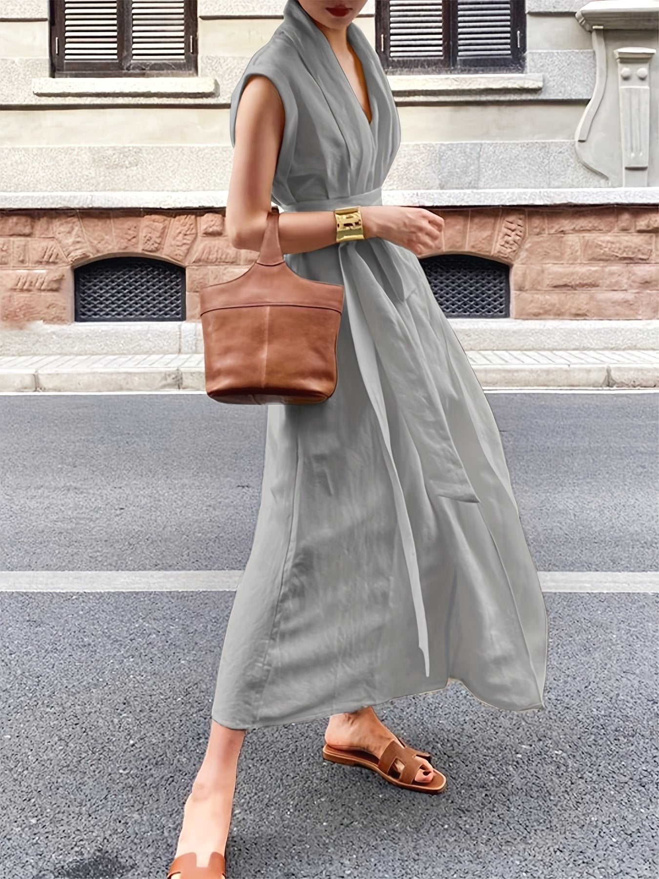 Solid Color Spring And Summer Linen Blend Sleeveless Dress with Pockets, Belt, And an Elegant French Style, Perfect for Vacations.