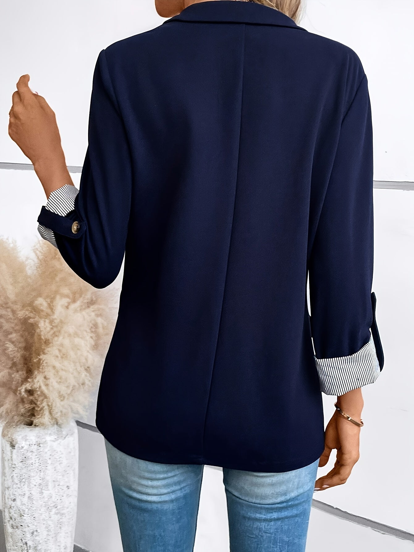 Elegant Women's Navy Blue Blazer - Chic Three-Quarter Sleeve, Polyester, Button Front with Decorative Golden Star, Machine Washable - Perfect for Office & Casual Spring/Summer Outfits