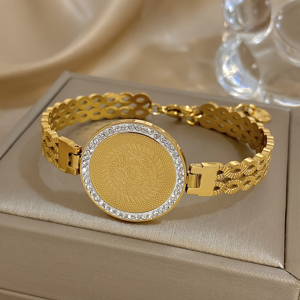 1pz Braccialetto In Acciaio Inossidabile Con Fiori E Uccelli, Rotondo Con Strass In Rilievo, Braccialetto A Cerchio Del Fiore Della Vita