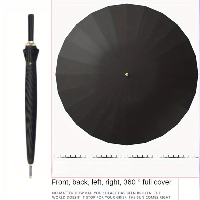 Ombrello a vento a 24 rib con manico lungo - Ombrello da golf e viaggio automatico, design nero resistente per uomini e donne, ideale per escursioni, golf e avventure all'aperto, attrezzatura da escursionismo, elegante close-up, apertura semiautomatica