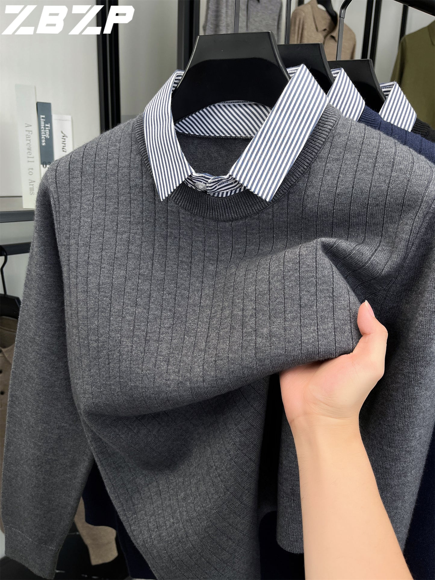 ZBZP Autunno e Inverno Maglione Spesso a Due Pezzi per Uomo con Colletto Camicia, Realizzato in 500 Grammi di Misto Velluto, Un Maglione a Maglia per Abbigliamento Maschile.