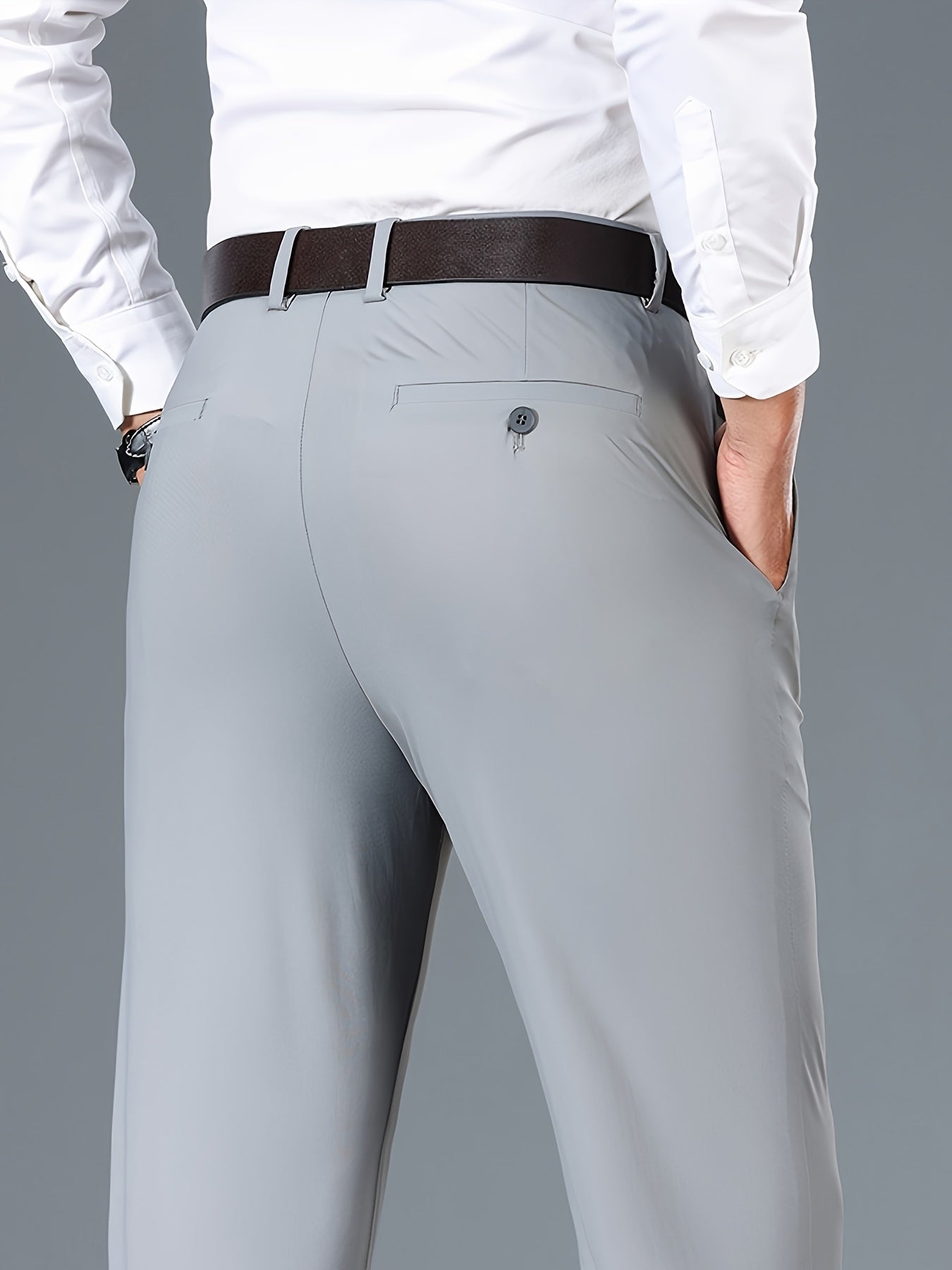 2025 Nuovi Pantaloni da Uomo in Tessuto Fibra Slicky Ice ad Alta Elasticità - tocco liscio, traspirante e elasticizzato, vestibilità regolare a vita media con dettagli di bottoni per ufficio e casual, comfort per tutte le stagioni, abbigliamento da uffici