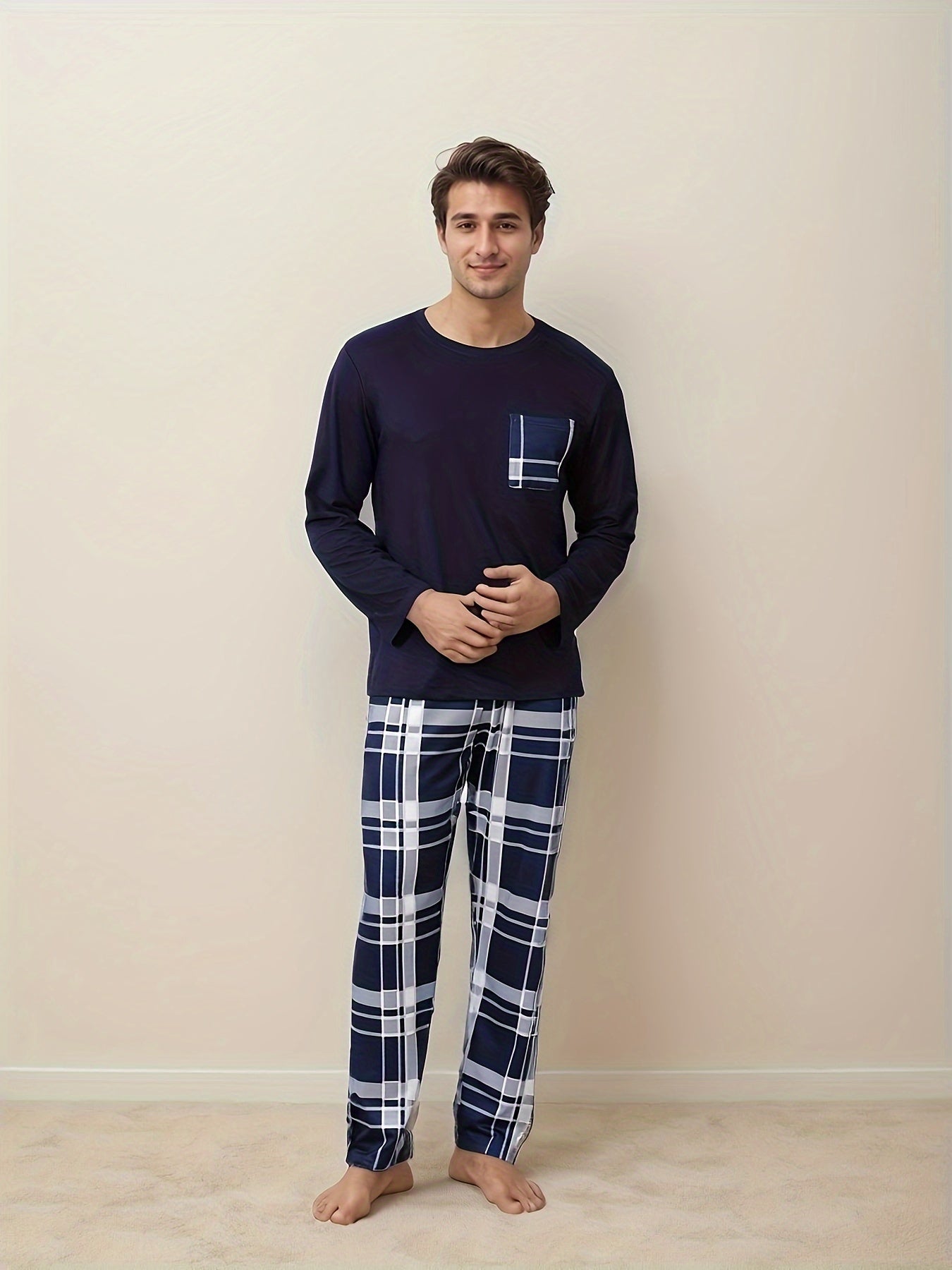 Set Pigiama Casual da Uomo - T-Shirt a Maniche Lunghe con Collo Rotondo & Pantaloni a Quadri, Misto Poliestere Morbido, Perfetto per la Primavera/Autunno
