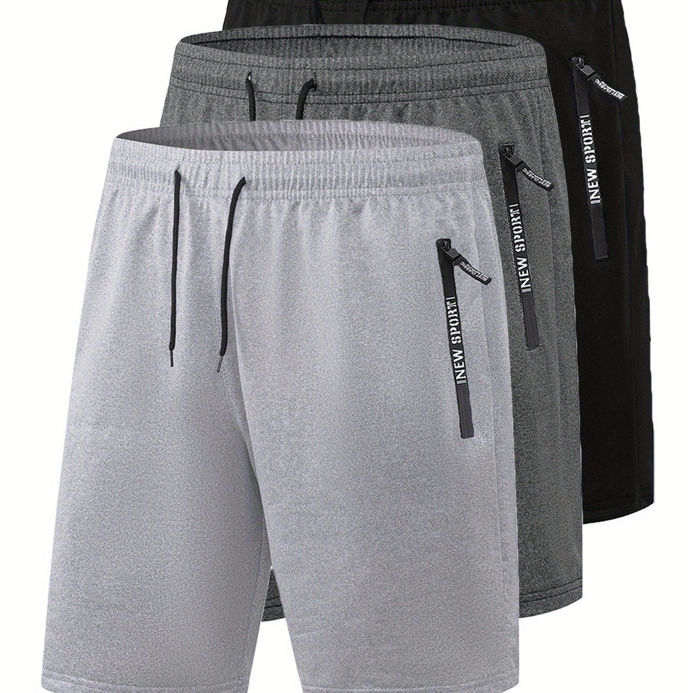 Set di 3 pantaloncini sportivi casual estivi da uomo con elastico in vita e coulisse, con tasche con cerniera, ideali per allenamenti, corsa, palestra e sport all'aria aperta.