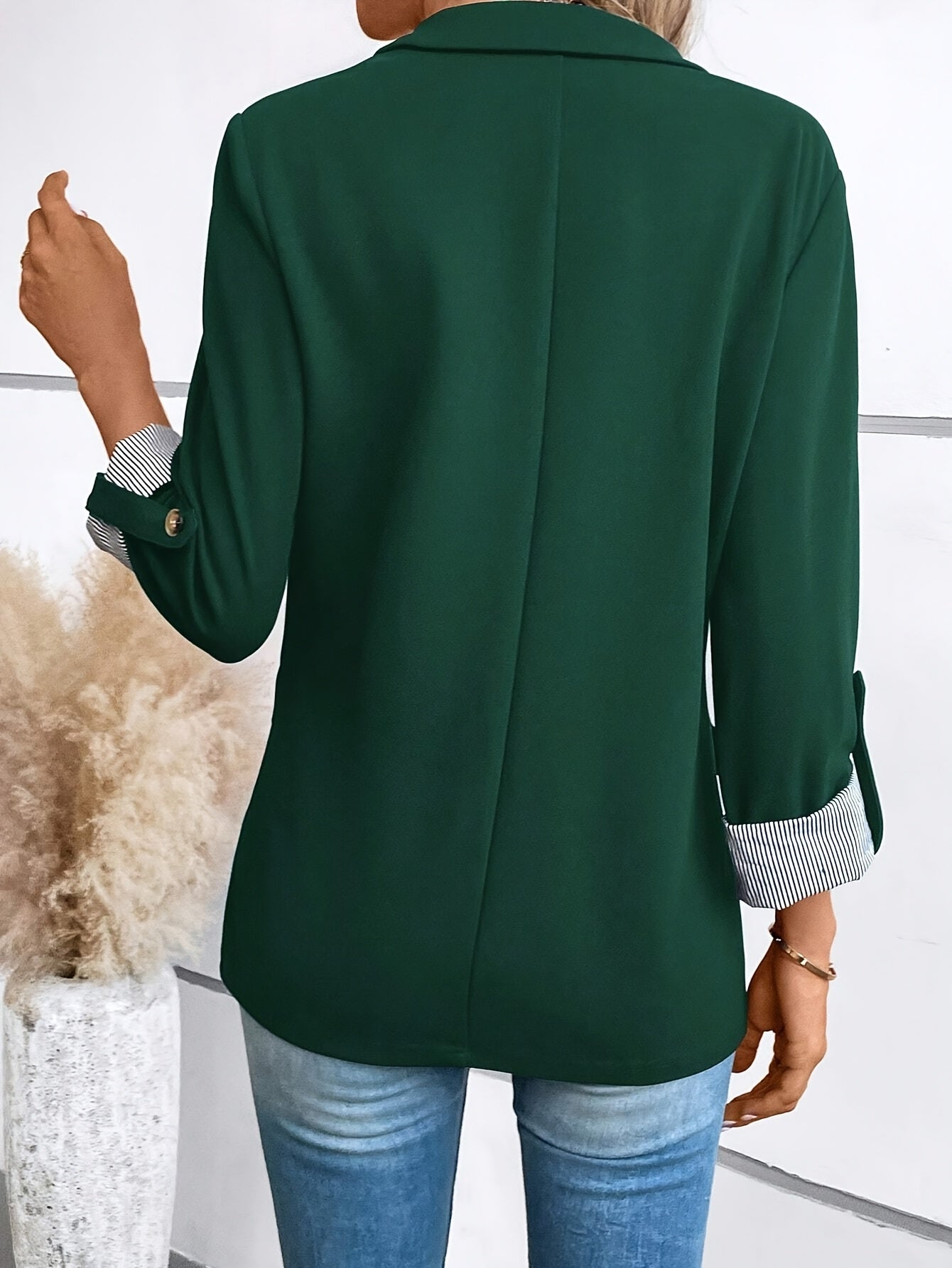 Elegant Women's Navy Blue Blazer - Chic Three-Quarter Sleeve, Polyester, Button Front with Decorative Golden Star, Machine Washable - Perfect for Office & Casual Spring/Summer Outfits