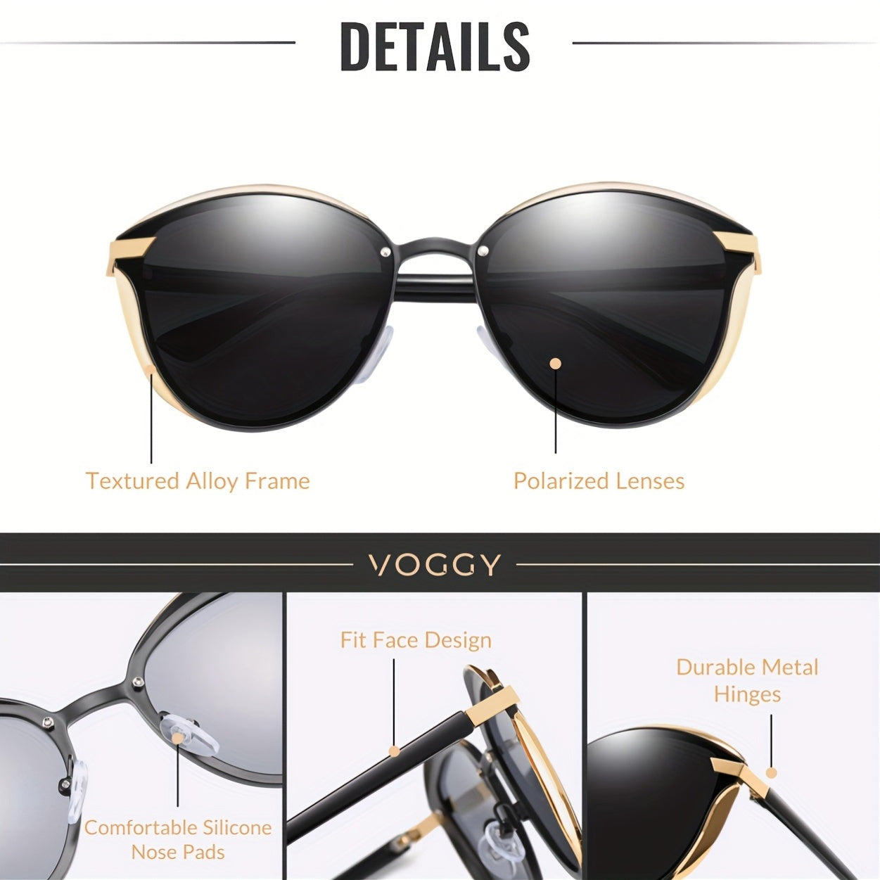 VOGGY Fashionable Retro Metal Polarized Fashion Glasses for Men & Women - Lightweight, Durable Design with Golden-Tone Frame & Black Lenses - Perfect for Driving, Hiking, Cycling, Fishing, Travel & Party Decor - Includes Case & Microfiber Cloth, Hiking Ey
