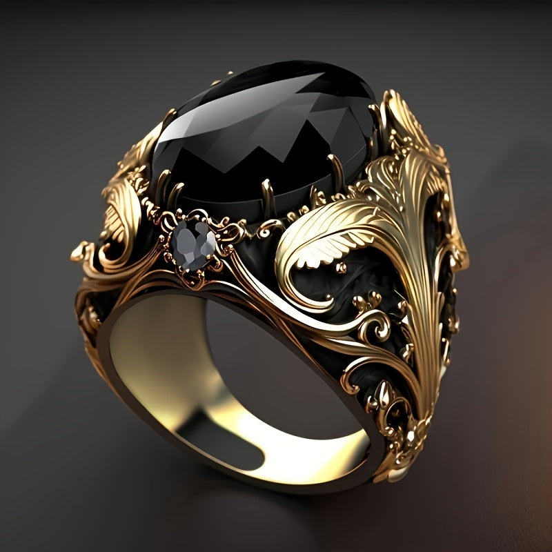 1pz Anello Vintage Stile Maschile, Inserimento in Zirconia Sintetica Ovala Nera, Lavorato in Rame, Finitura Dorata Retro, Elegante Anello Singolo Gioiello Regalo