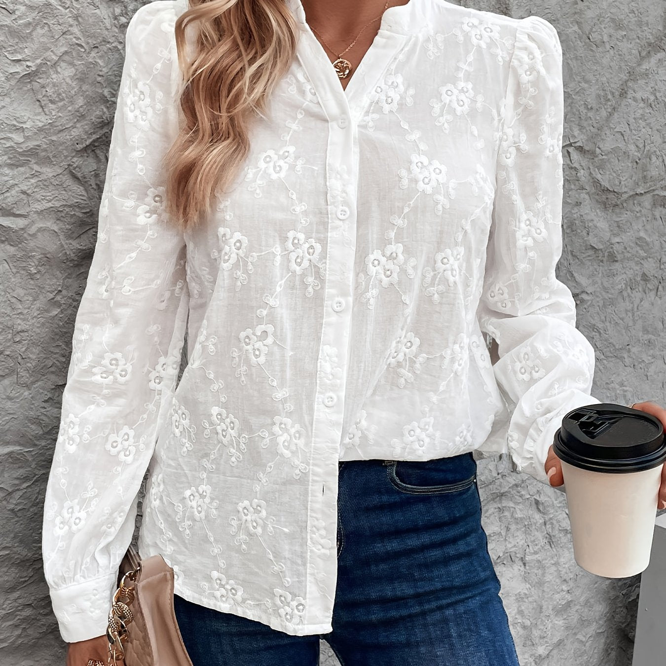Women's Blouse - Elegant White Long Sleeve shirt with Button Front Placket, Structured Non-Stretch Blouse for Office, Formal Events, Casual Attire - Machine Washable Women's Clothing, Spring Fashion, Delicate Embroidery, Breathable Material, Stylish Top,