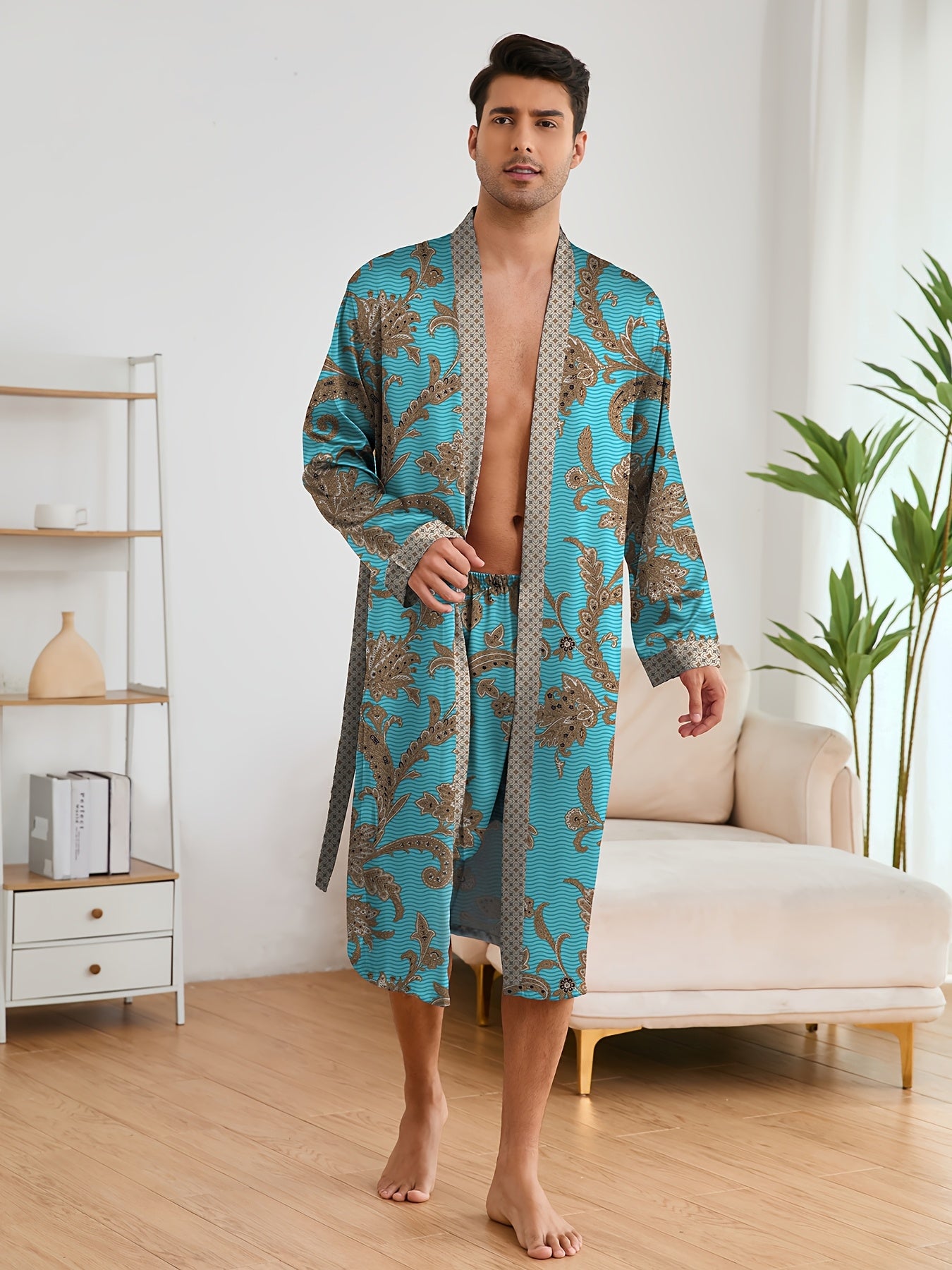 Accappatoio da uomo, pigiama elegante e leggero di lusso, stampa floreale elegante e raffinata, accappatoio con scollo a V a maniche lunghe e pantaloncini, set di vestaglia da notte per l'uso domestico