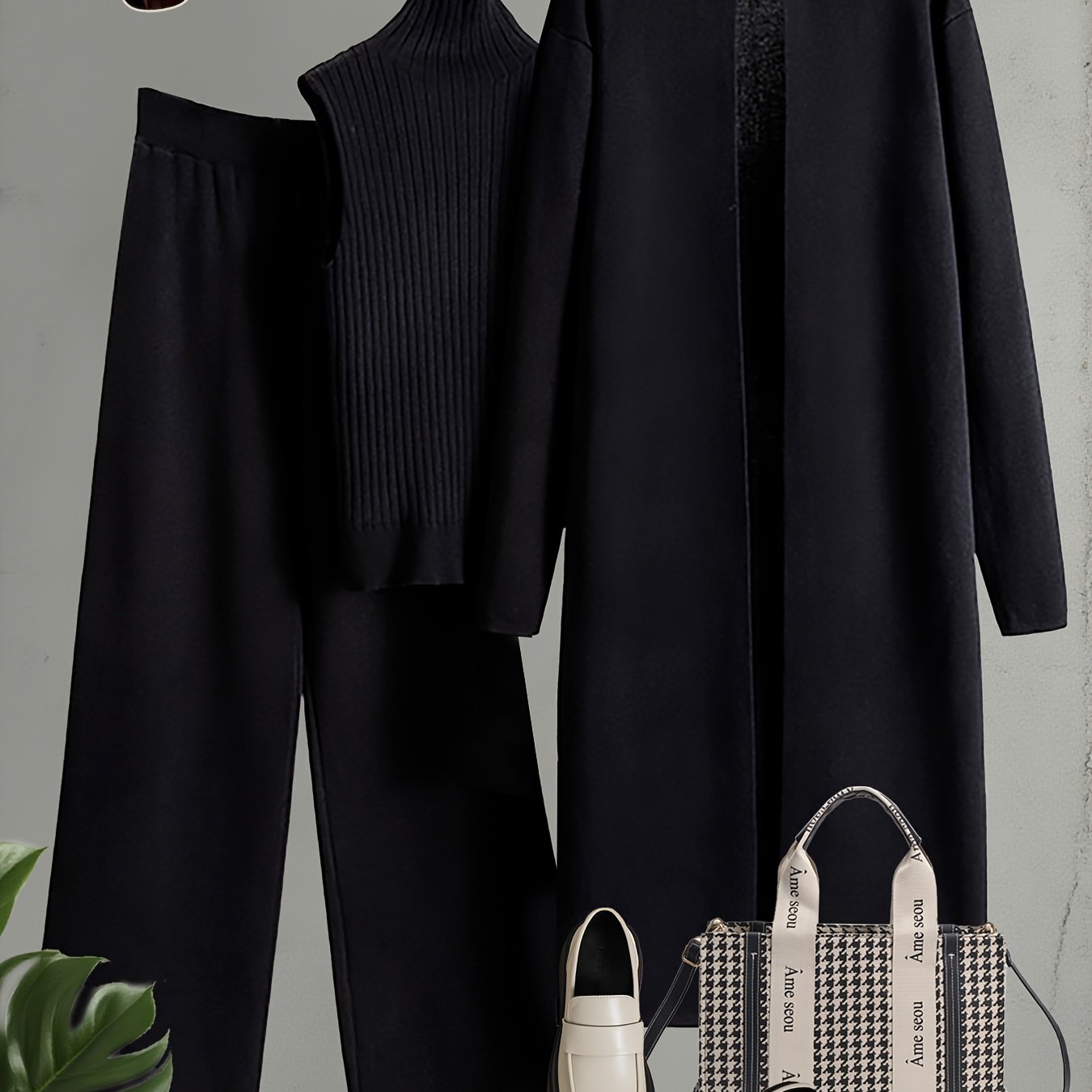 Set Invernale da Donna 3 Pezzi - Elegante Tuta Ispirata al Stile Coreano con Blazer a Collo, Pantaloni a Gamba Larga e Giacca | Lavabile a Mano per Ufficio e Semi-Formale, Beige/Marrone/Blu Navy/Taupe (Non Lavare a Secco)
