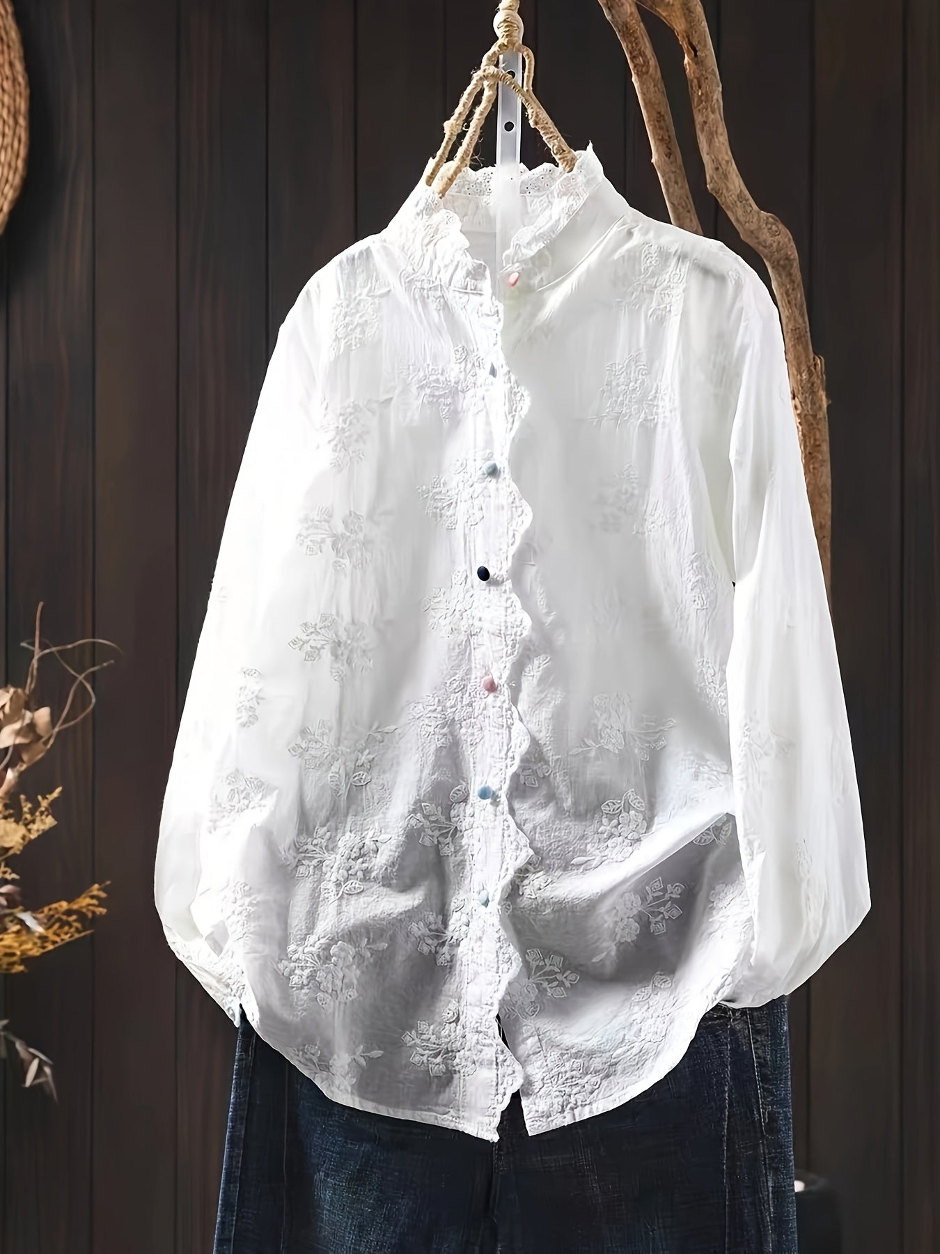 Women's Loose Embroidered Blouse with Floral Embroidery & Lace Trim - Stand-Up Collar Long Sleeve Button Front Shirt, Machine Washable All-Season Top for Casual & Office Wear