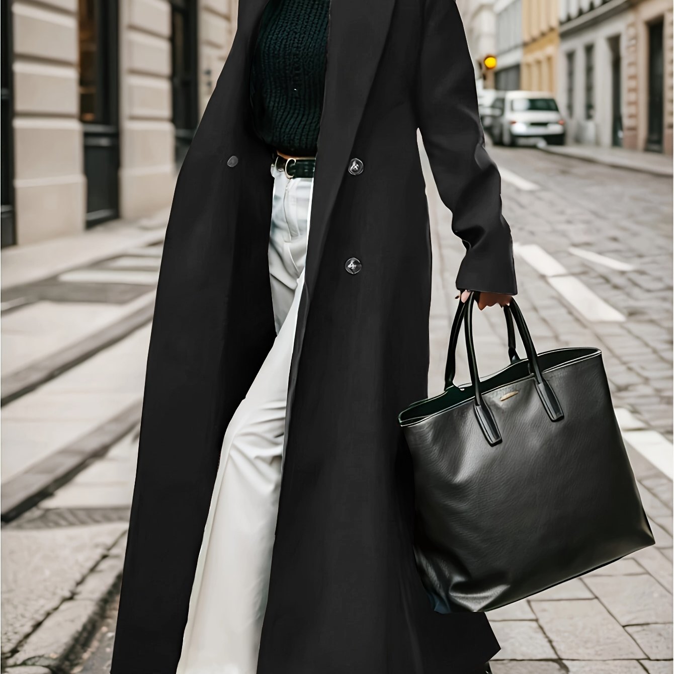Women's Elegant Green Coat - Long Formal & Professional Outerwear, Machine Washable Winter Trench with Structured H-Silhouette for Office, Parties, Everyday - Sophisticated Outerwear, Office Ready Apparel, Smooth Texture, Durable Fabric, Office Wear, High