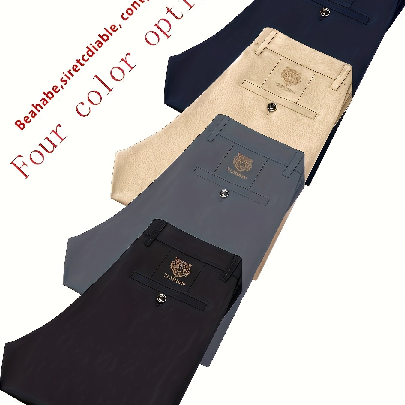 4pcs Pantaloni Eleganti Casual da Uomo a Gamba Dritta - Tessuto Elasticizzato Poliestere/Elastan, Tasche con Stampa Animalier, Comfort per Tutte le Stagioni, Solo Lavaggio a Mano (Beige/Navy/Grigio Carbone/Rosso)