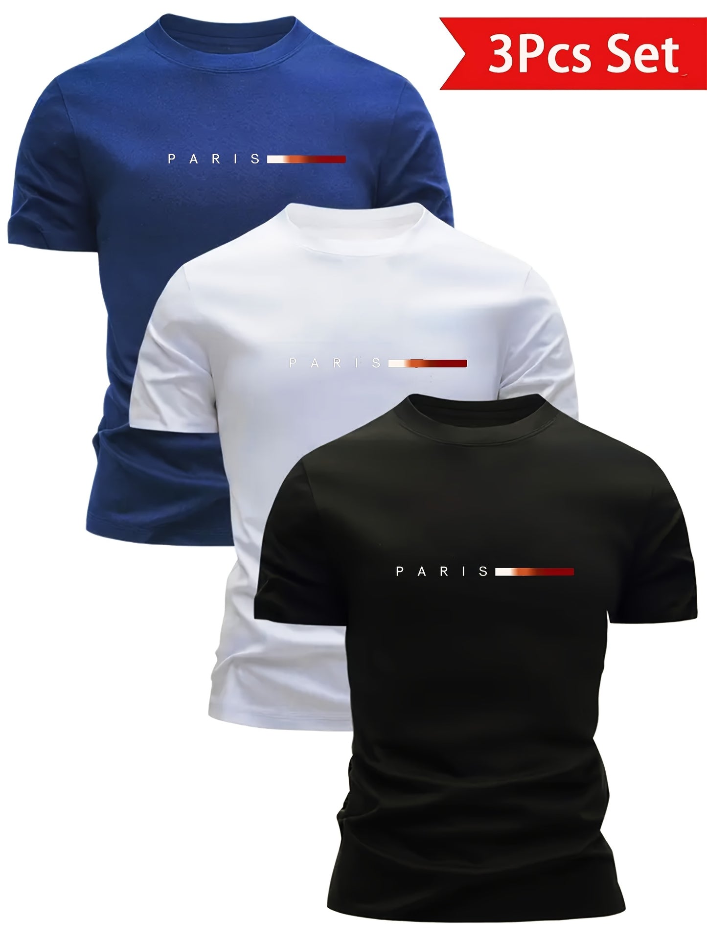 3pcs Magliette da uomo leggere con scollo rotondo - Asciugatura rapida, traspiranti, che assorbono il sudore, design stampa Parigi, vestibilità regolare, abbigliamento casual per tutte le stagioni, regalo ideale per gli uomini, maglietta casual | Magliett