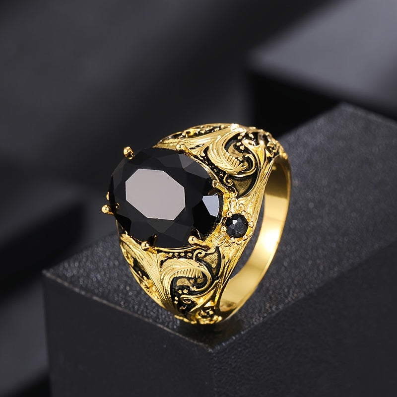 1pz Anello Vintage Stile Maschile, Inserimento in Zirconia Sintetica Ovala Nera, Lavorato in Rame, Finitura Dorata Retro, Elegante Anello Singolo Gioiello Regalo