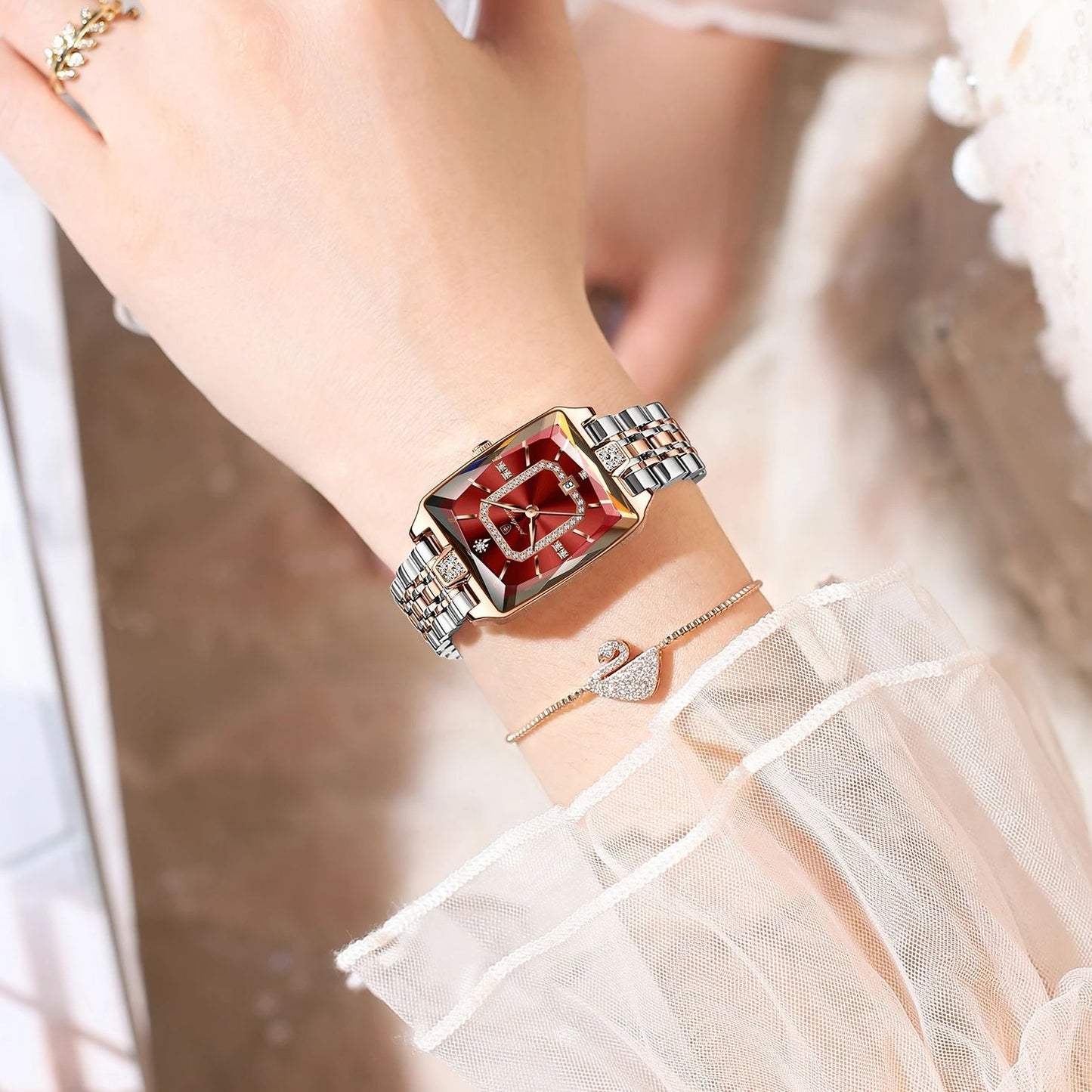 Orologio di lusso per donne POEDAGAR - Elegante calendario impermeabile con visualizzazione della data, orologio quadrato in acciaio inossidabile, cassetta in lega di zinco, cinturino in acciaio inossidabile, stile casual, accessorio elegante | Design ele