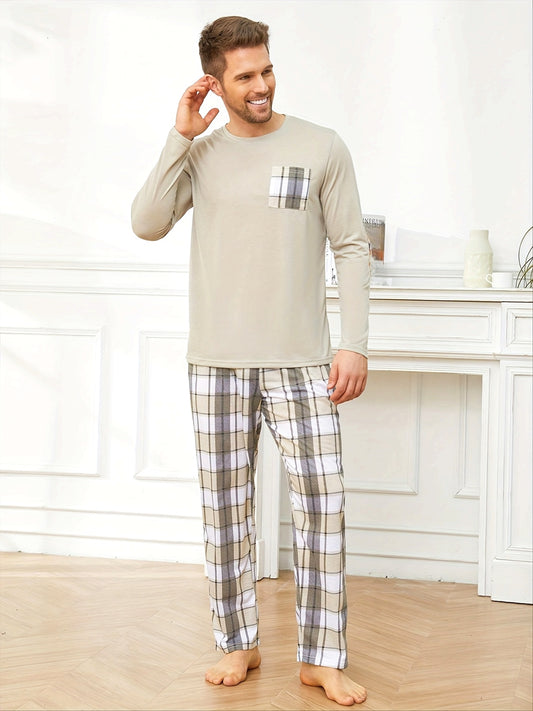 Set da pigiama primaverile/autunnale da uomo, maglietta casual con maniche lunghe e stampa a maniche lunghe, pantaloni lunghi casual da uomo, pigiama da uomo