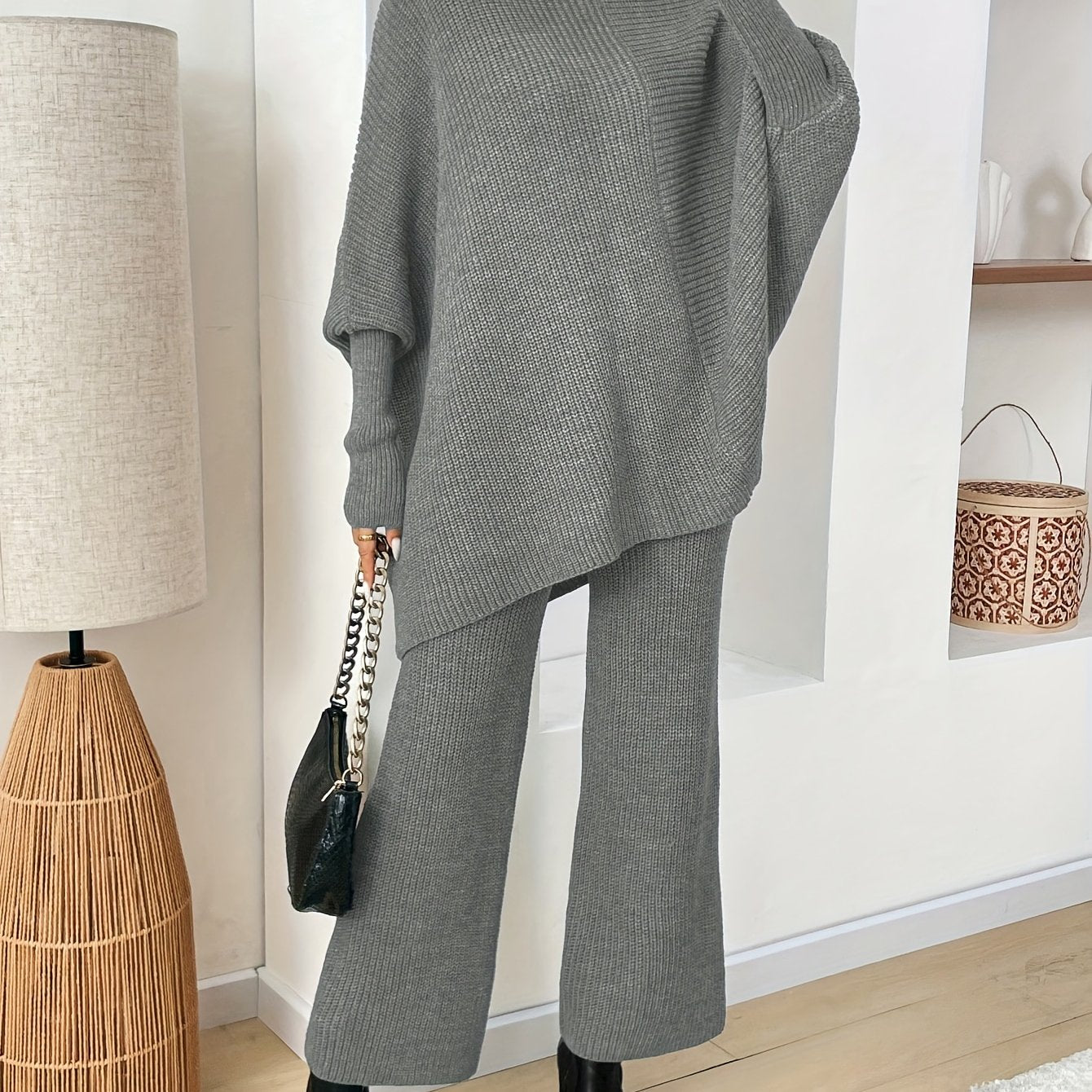 2 Pezzi Maglione Elegante con Maniche a Pipistrello - Completo Oversize con Collo Alto e Orlo Asimmetrico, Tunica Grigia Tinta Unita (Senza Abbinamento di Fantasie) | Outfit Invernali a Strati, Chic da Ufficio a Festa, Lavaggio a Mano/Lavaggio a Secco