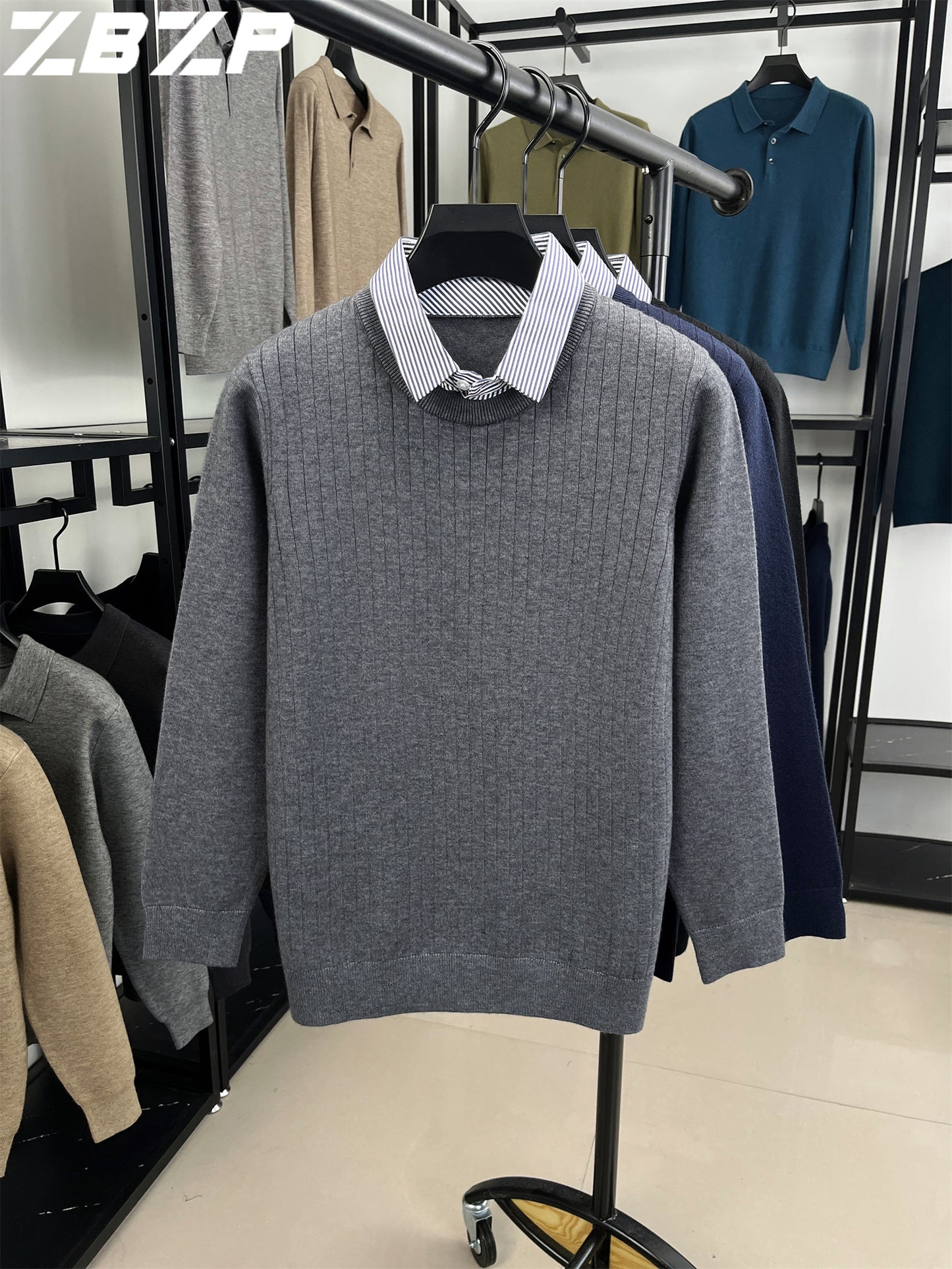 ZBZP Autunno e Inverno Maglione Spesso a Due Pezzi per Uomo con Colletto Camicia, Realizzato in 500 Grammi di Misto Velluto, Un Maglione a Maglia per Abbigliamento Maschile.