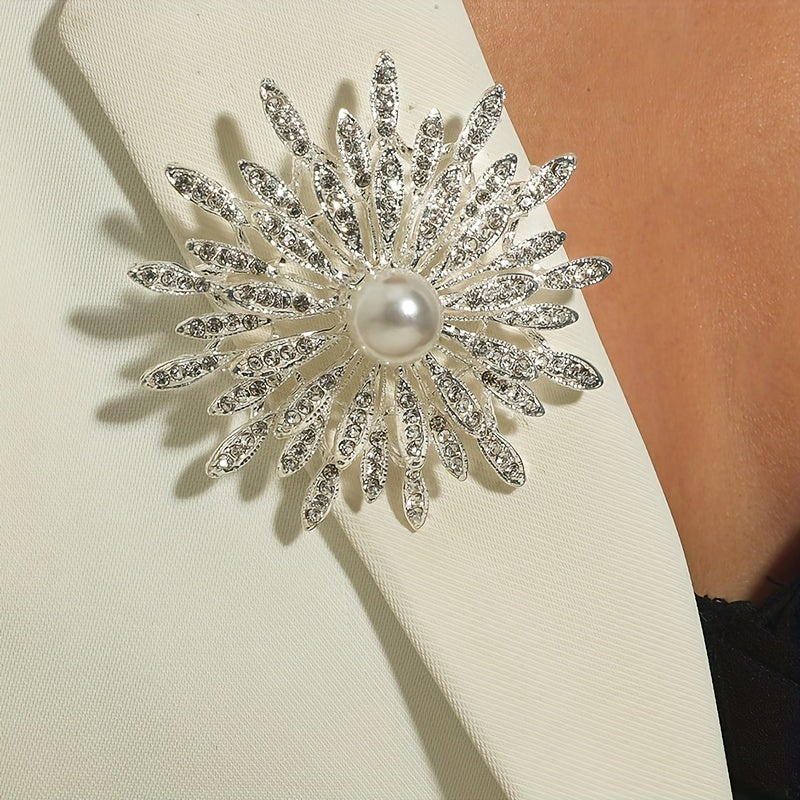 Spilla a doppio strato di lusso con perle di imitazione e strass, accessorio di moda per abbigliamento femminile, versatile per l'uso quotidiano, compatibile con tutte le stagioni.