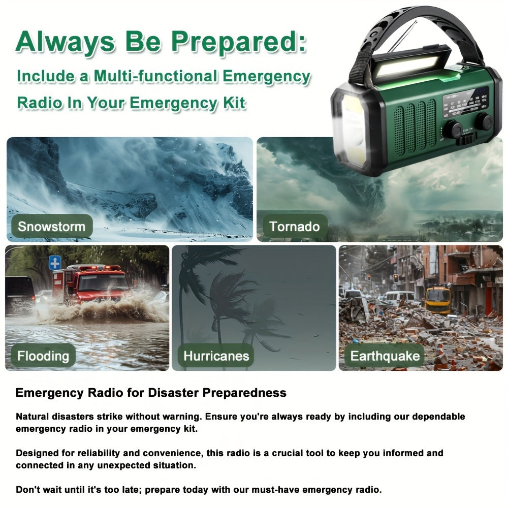 Radio di emergenza da 10000mAh, radio solare, radio a manovella, radio meteorologica NOAA AM/FM, 3 metodi di ricarica, batteria polimerica, torcia e lampada da lettura, allarme SOS, caricabatterie per telefono per emergenze