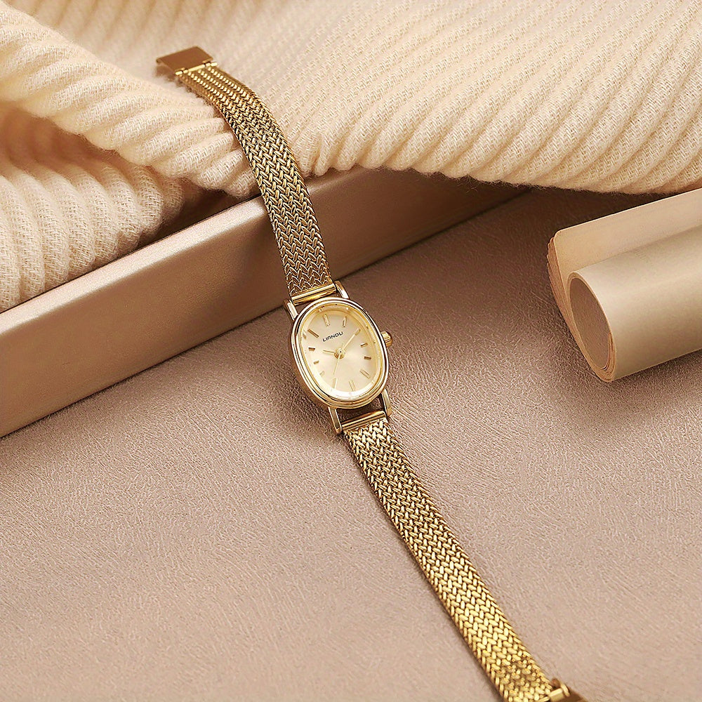 1pc SOKI Women's Golden-Tone Watch - Elegant Minimalist wristwatch with Alloy Chain-like Band, Quartz Movement, Everyday & Formal Jewelry - Perfect Gift for Women, Commuter Accessory, Goldtone Finish, Sleek Design, Stylish Accessory, Durable Material, Fas