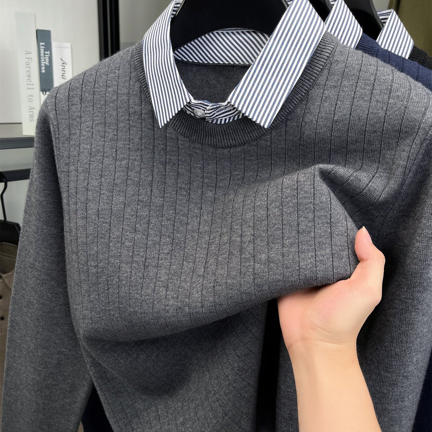 ZBZP Autunno e Inverno Maglione Spesso a Due Pezzi per Uomo con Colletto Camicia, Realizzato in 500 Grammi di Misto Velluto, Un Maglione a Maglia per Abbigliamento Maschile.