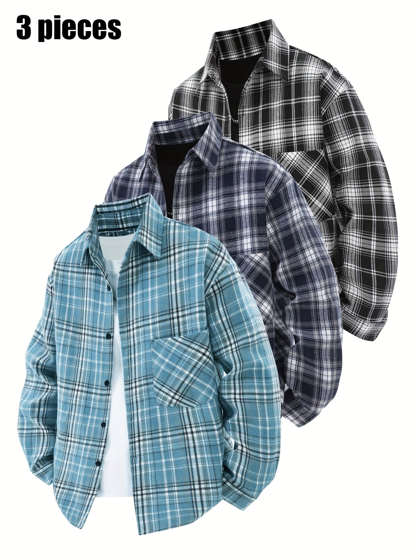 Set di 3 camicie a quadri da uomo - Camicie casual a vestibilità ampia con bottoni, colletto, maniche lunghe e tasche sul petto per abbigliamento primaverile/autunnale da esterno, capispalla versatili e alla moda, abbigliamento primaverile autunnale | Des