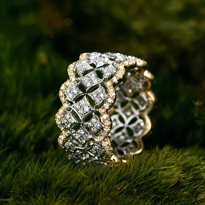 1pc YOUHAOCC Anello Lussuoso in Tono Dorato con Motivo Floreale Scavato e Zirconia Scintillante - Design Geometrico Elegante, Versatile per l'Uso Quotidiano & Occasioni Speciali