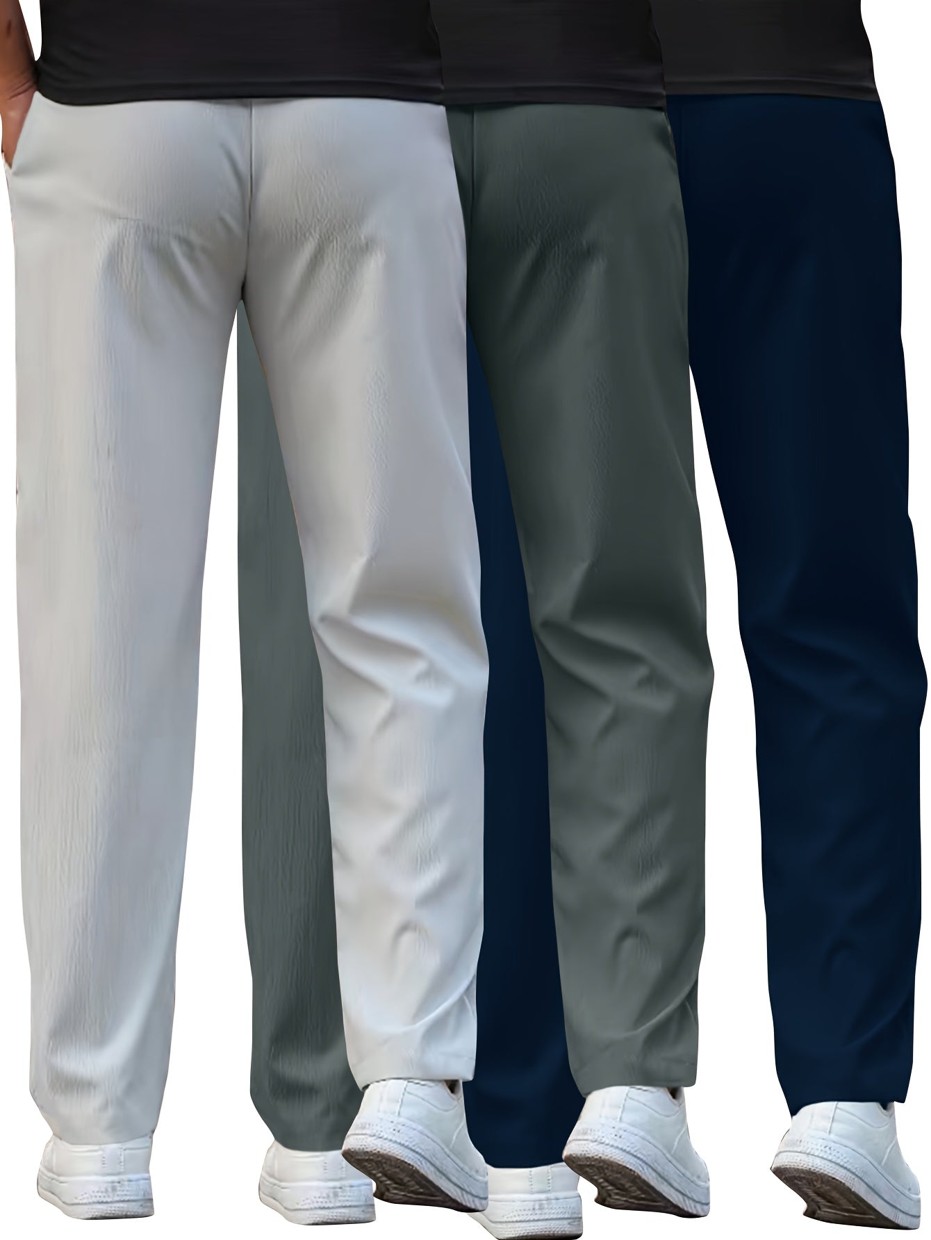 Set di 3 Pantaloni Casual da Uomo Leggeri - Gamba Dritta, Vita con Coulisse, Colore Unito (Nero, Grigio, Bianco), Abbigliamento da Lavoro Primavera/Estate, Lavabili in Lavatrice