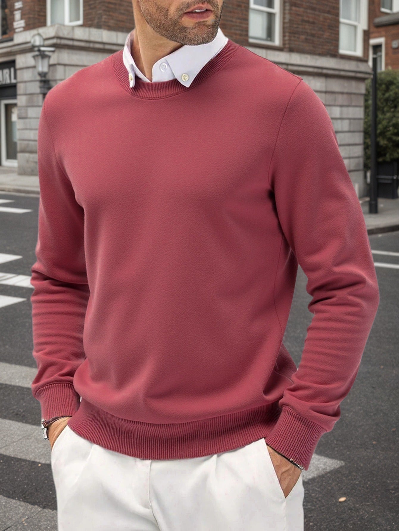 Maglione a maglia stretch slim fit per uomo - Pullover caldo slim fit per autunno e inverno, maglieria casual a collo tondo con coste, colore solido, 440 g/m², perfetto per il Ringraziamento