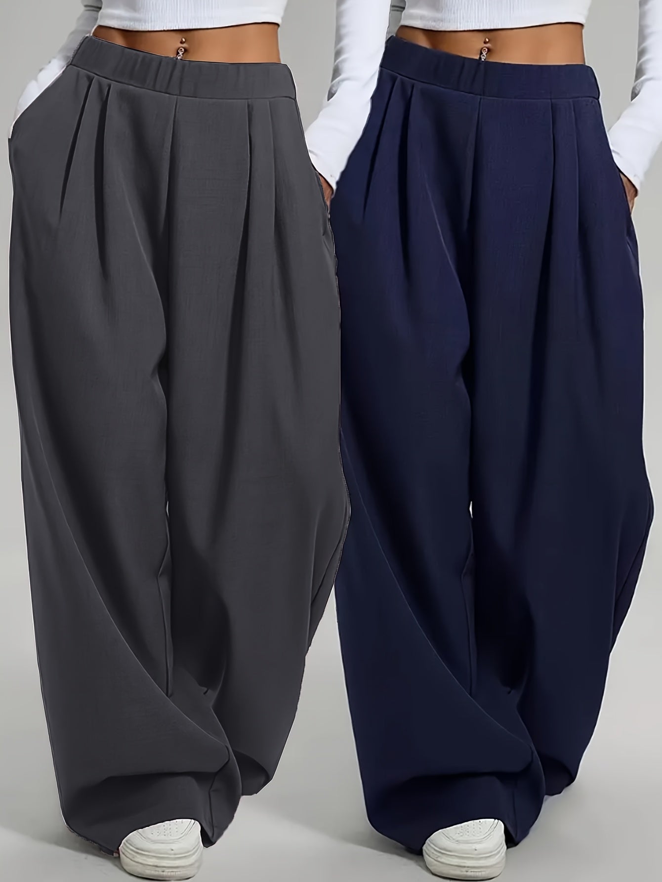 2 pezzi Pantaloni da donna eleganti a gamba larga tinta unita - Pantaloni ampi per tutte le stagioni con tasche, tinta unita e blu navy, abbigliamento casual e formale per tutte le stagioni